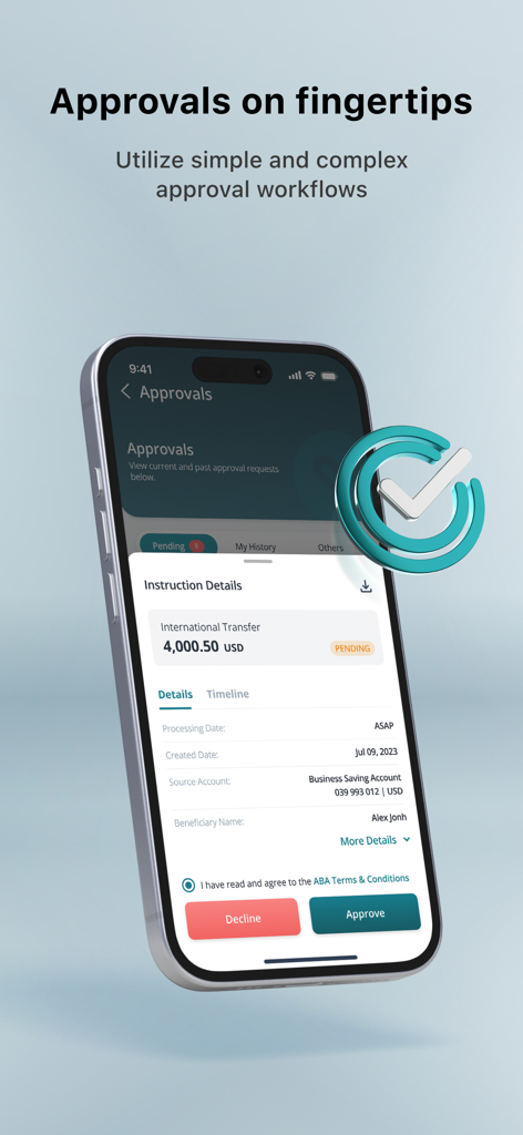 ABA Business - ABA Business app displaying a pending international transfer for approval