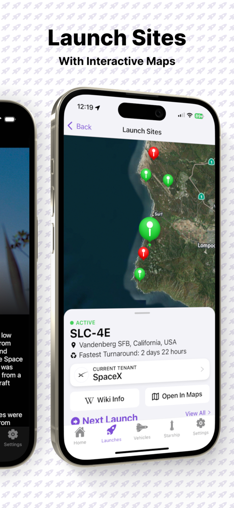 Next Spaceflight - Mapa interactivo de la aplicación Next Spaceflight que muestra el sitio de lanzamiento SpaceX SLC 4E en Vandenberg SFB