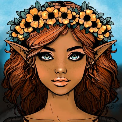 realistic female elf with flower crown