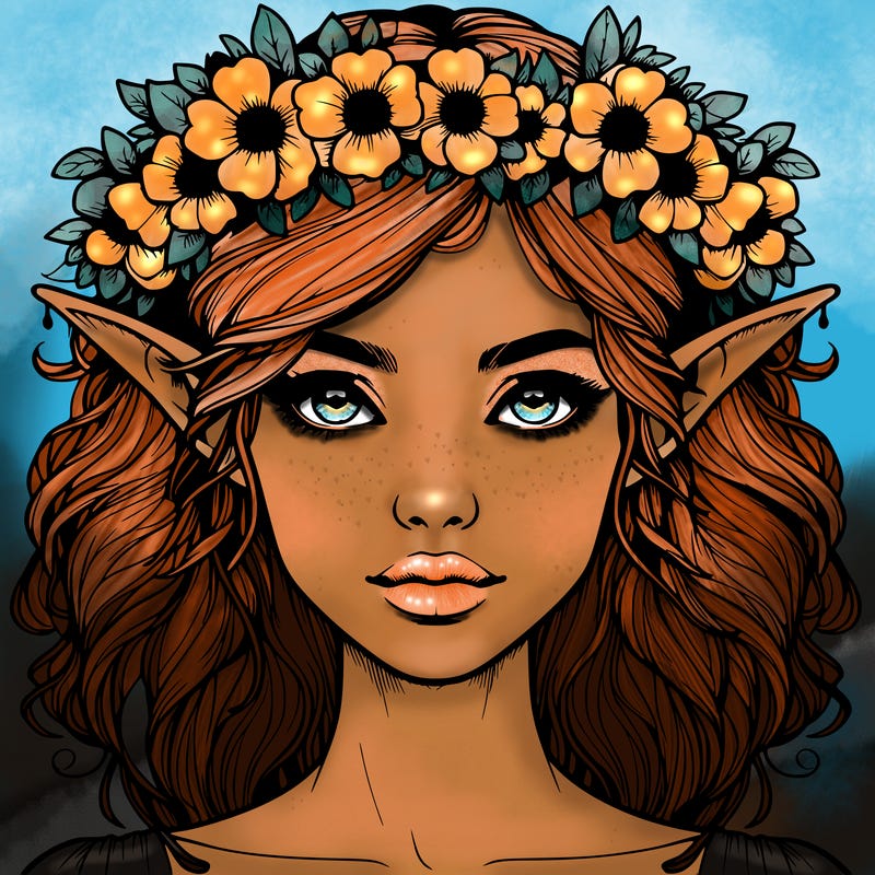realistic female elf with flower crown