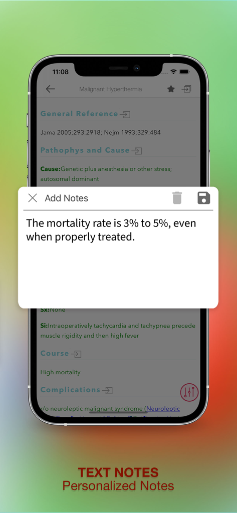 Smartphone screen showing the personalized text notes feature in the Nursing Essentials app.