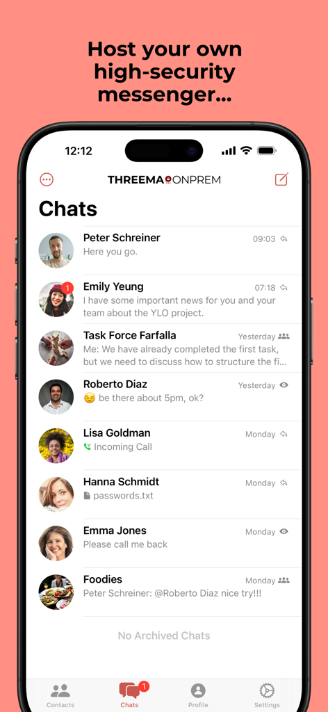 Application Threema OnPrem affichant l'interface de la liste des discussions chiffrées sur un iPhone