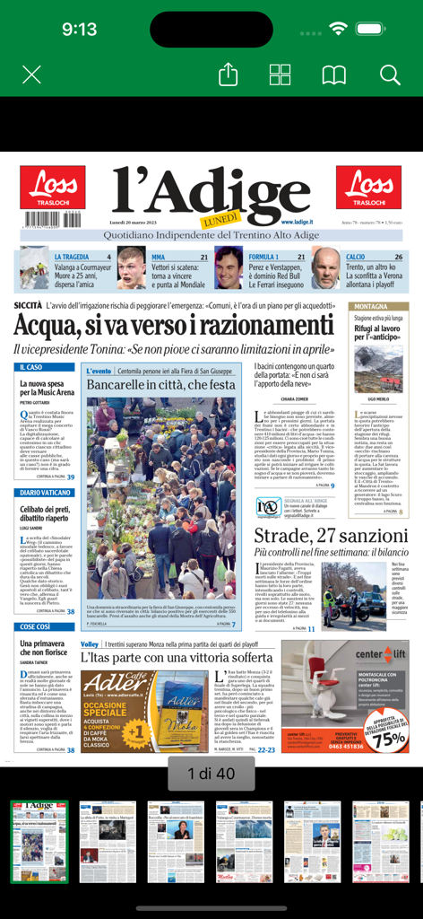 Réplica digital da primeira página do jornal l Adige quotidiano na interface do aplicativo móvel.
