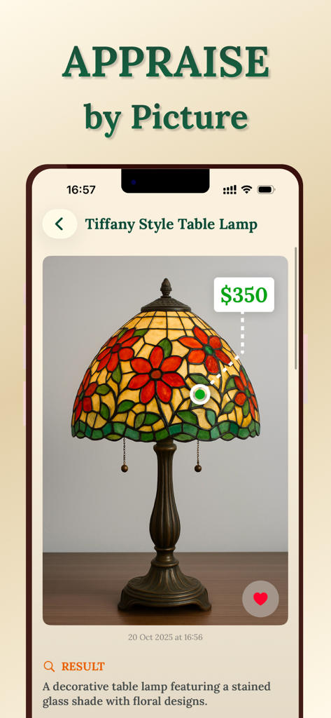 Antique Identifier - Vintapp - Interfaz de tasación de antigüedades de la aplicación que muestra una lámpara estilo Tiffany y una estimación de precio.
