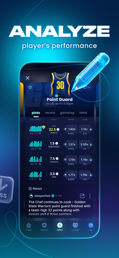 Sleeper app screen showing detailed NBA player statistics and fantasy picks analysis with more or less options
