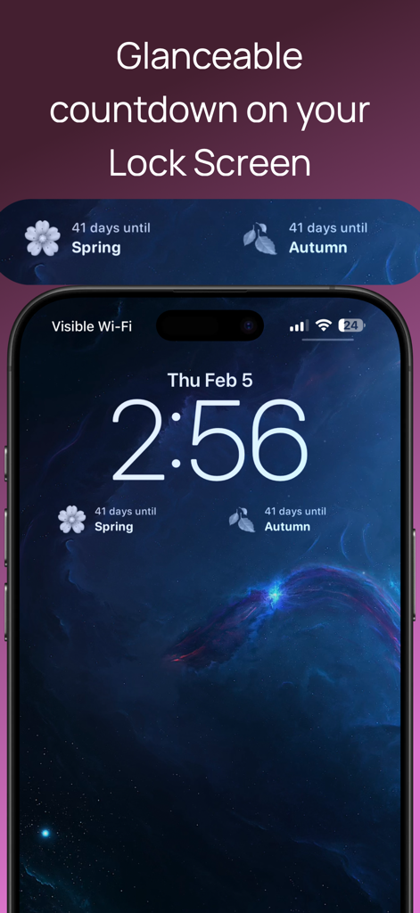 Tela de bloqueio do iPhone mostrando widgets de contagem regressiva sazonal para Primavera e Outono.