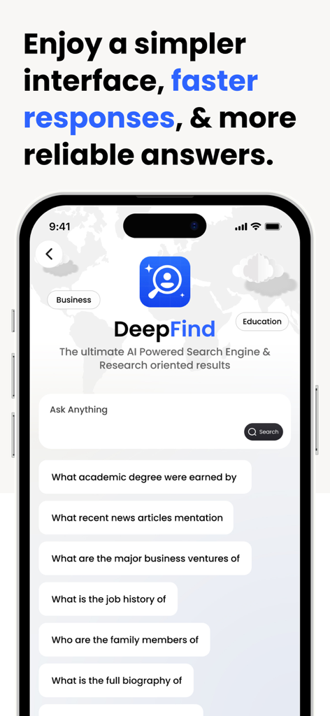 DeepFind app interface showing AI powered search engine with research oriented results and example queries on a smartphone