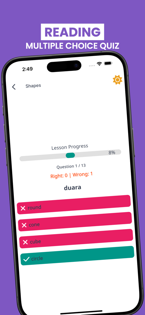 Learn Swahili Language Phrases - A multiple choice reading quiz in the Learn Swahili app showing the translation of the Swahili word duara to circle.