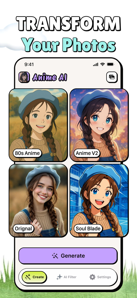 Anime Art: AI Photo Generator - Comparison of an original portrait photo and its AI generated anime versions in different styles like 80s Anime and Soul Blade