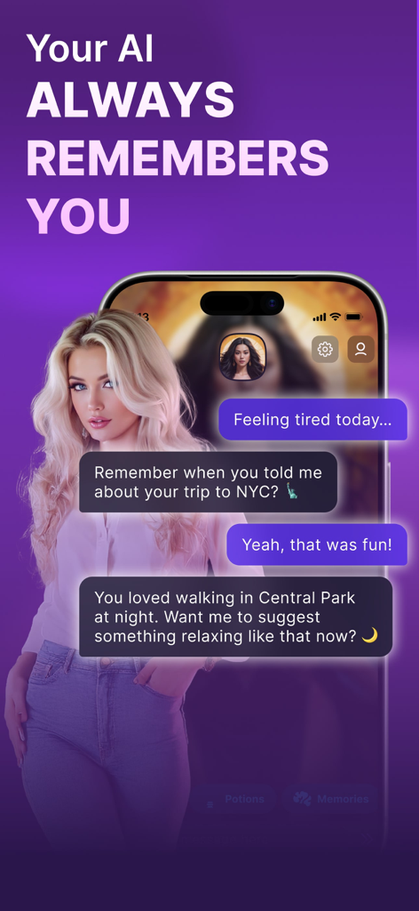 Interface de l'application Botify AI montrant une conversation où le personnage IA se souvient de détails personnels sur un voyage de l'utilisateur à New York.
