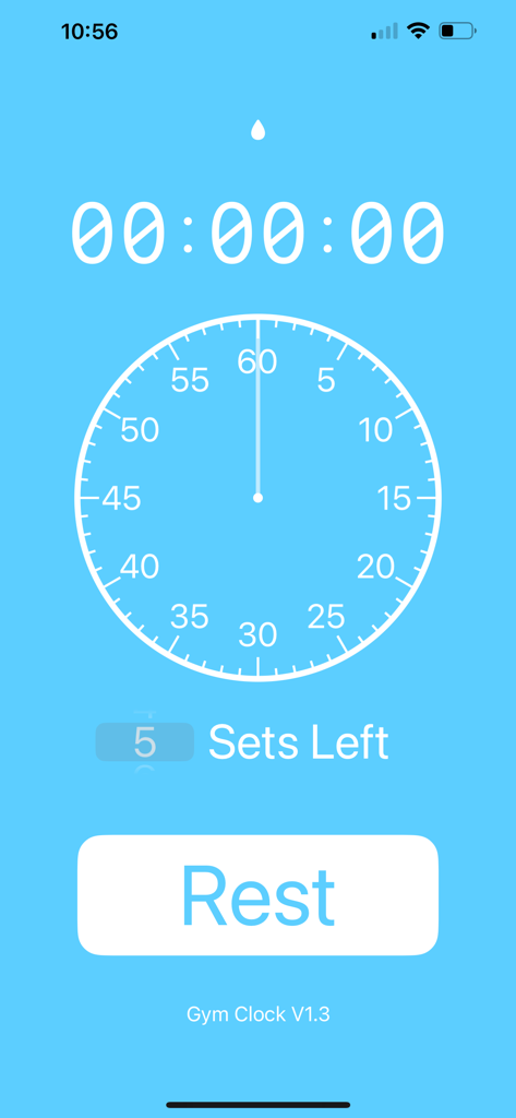 GymClock. - The main screen of the GymClock app showing a rest timer and sets remaining indicator on a blue background.
