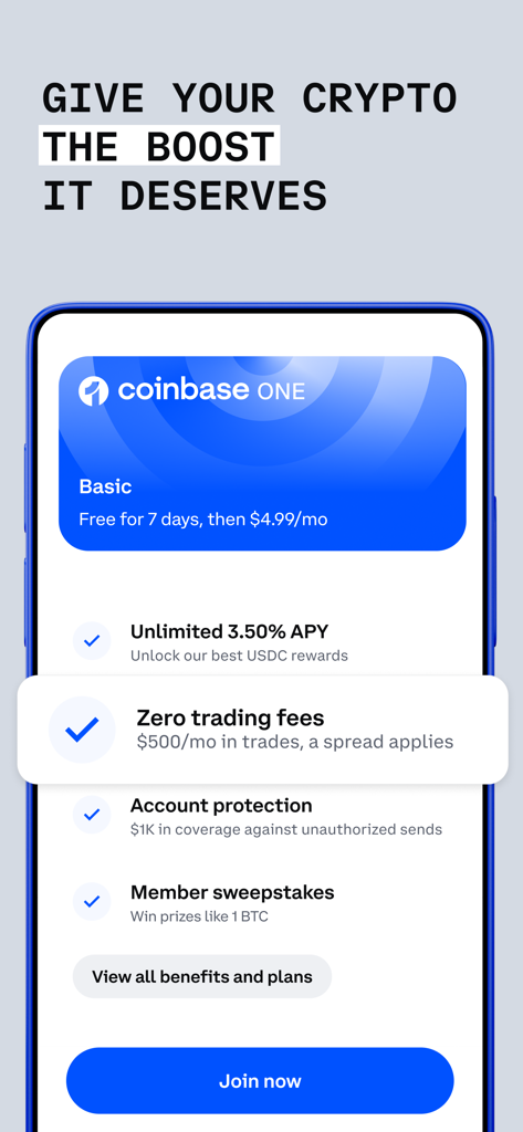 Capture d'écran de l'application Coinbase One mettant en avant les avantages de l'abonnement, tels que l'absence de frais de transaction et un rendement annuel de 3,50 %.