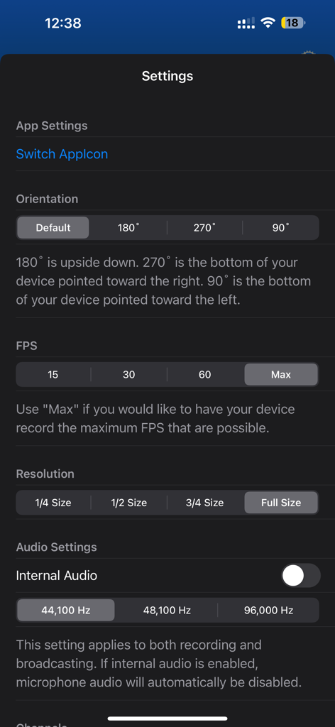 EveryCord app settings screen showing recording orientation, FPS, resolution, and internal audio options
