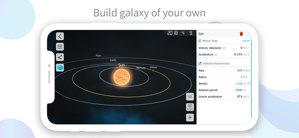 Physics Lab AR - A mobile interface from Physics Lab AR showing a 3D solar system simulation with planetary orbits and celestial data