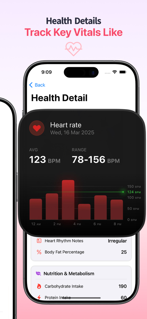 Interface of Calmi Health app displaying heart rate data and nutrition metrics