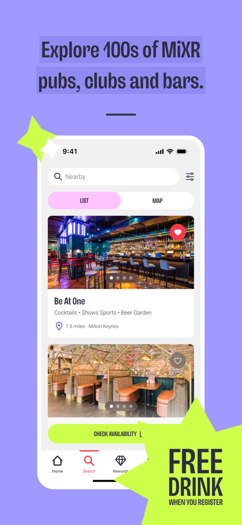 MiXR app interface showing a list of nearby bars and pubs with a free drink offer upon registration
