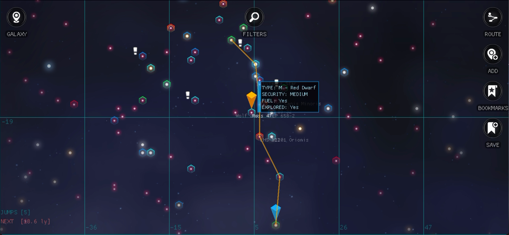 Interfaz de mapa estelar dentro del juego de Galaxy Genome que muestra una ruta de navegación trazada y detalles del sistema estelar.