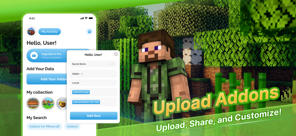 Interfaz de usuario de la app de mods de Minecraft PE que muestra la función para subir y personalizar addons.