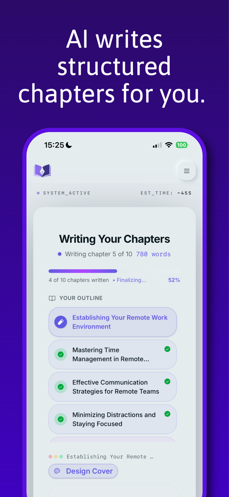Inkfluence - eBook Maker - Inkfluence app interface showing the AI writing process for ebook chapters with a progress bar and outline
