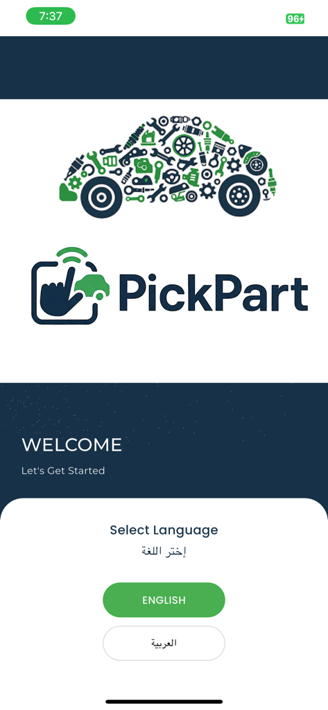 PickPart app welcome screen featuring a car illustration made of tools and a language selection menu for English and Arabic.