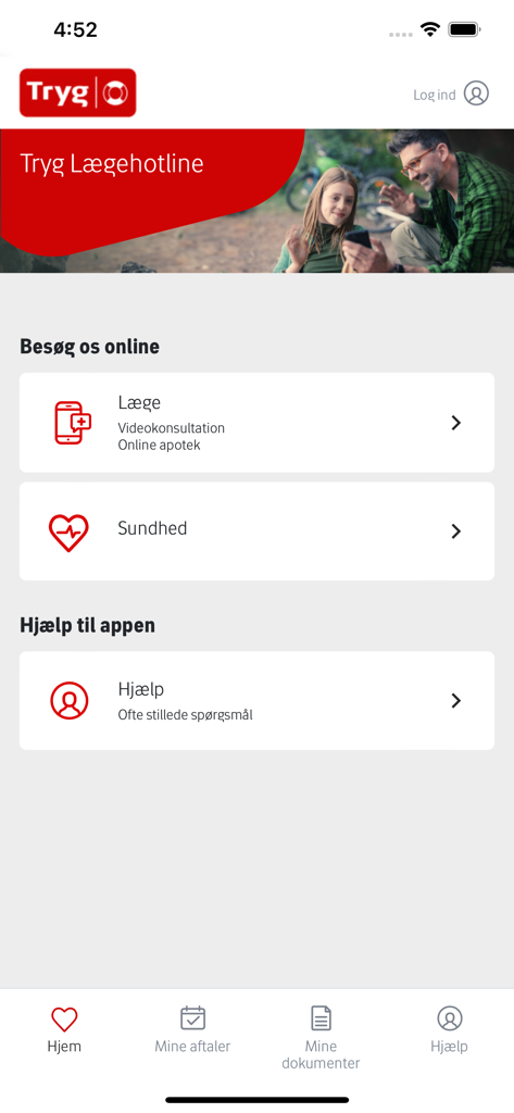 Tryg Lægehotline - Home screen of the Tryg Laegehotline mobile app showing options for video doctor consultations and healthcare services.