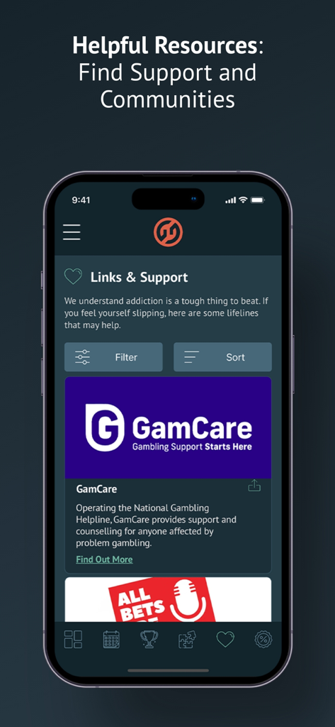 Block Online Gambling - Gamban - Gamban app interface showing the Links and Support section with resources like GamCare for gambling addiction help.