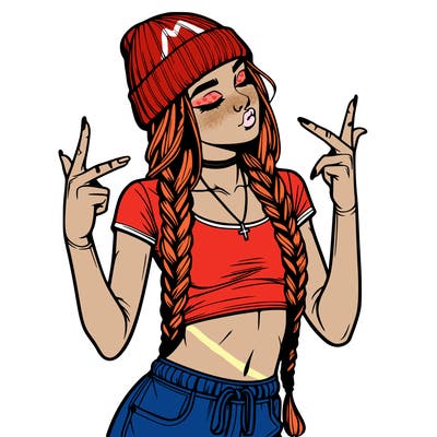 realistic teenage girl with braids and a beanie and crop top doing 🫶🏼