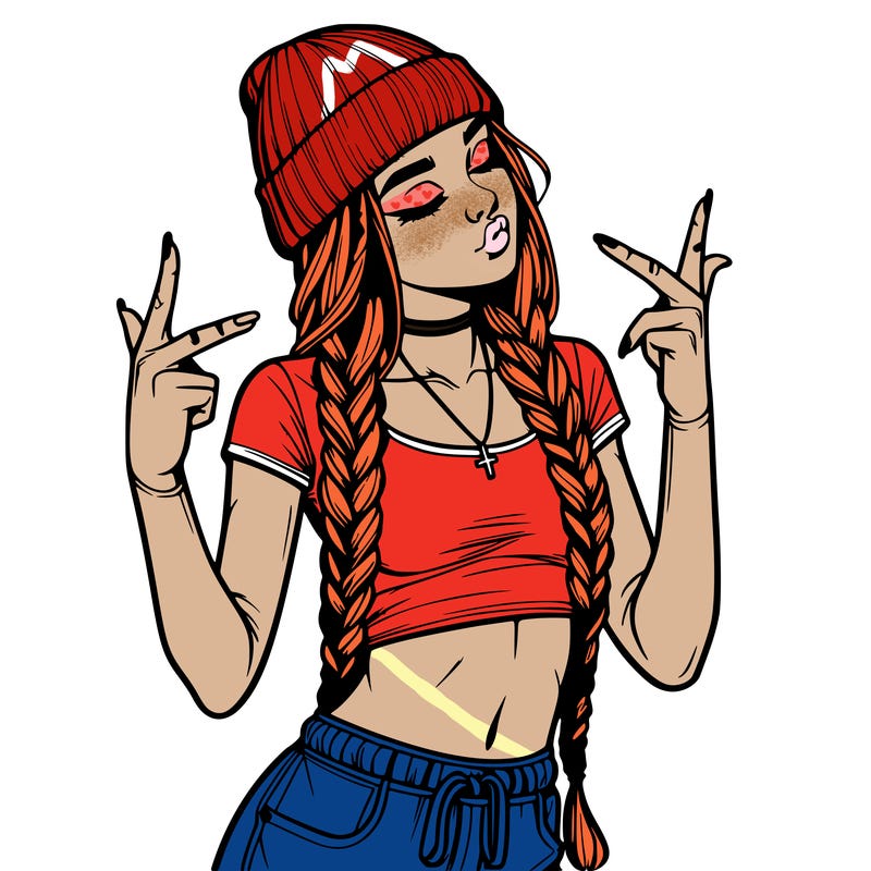 realistic teenage girl with braids and a beanie and crop top doing 🫶🏼
