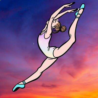 gymnast doing a leap in a leotard with a bent back leg