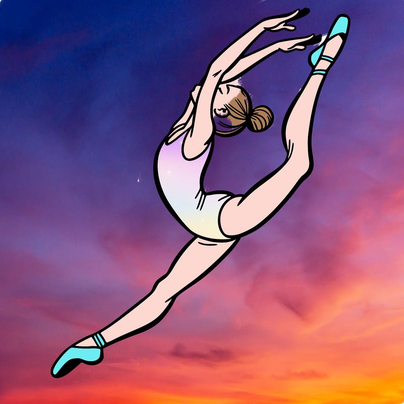 gymnast doing a leap in a leotard with a bent back leg