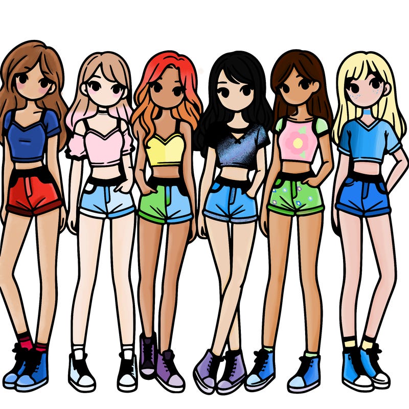 a group of girls wearing crop tops and shorts