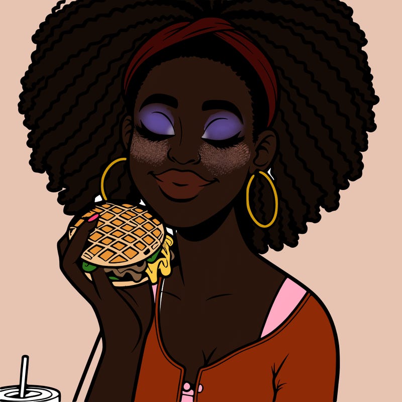 an african american woman eating a waffle burger realistic