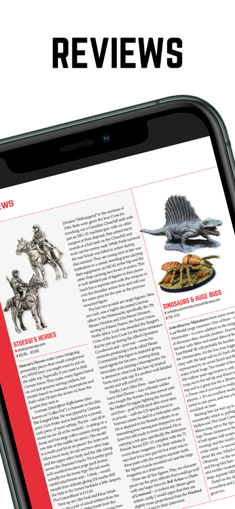 A smartphone screen displaying the reviews section of the Miniature Wargames Magazine app featuring tabletop miniatures