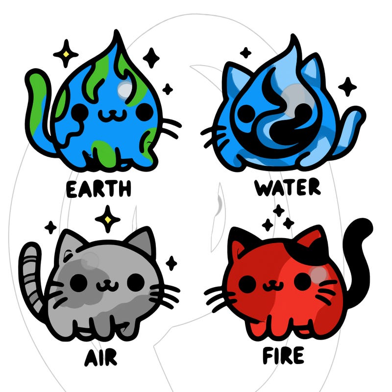4 cats that represent the different elements, earth, water, air, and fire