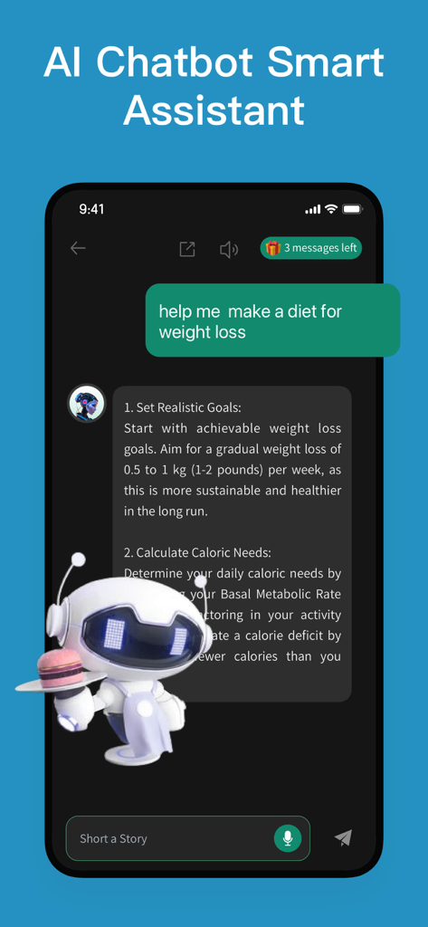 Chatbot -Ask AI Chat Assistant - Interfaz de chatbot de IA proporcionando consejos personalizados para la pérdida de peso y la dieta con un amigable personaje robot