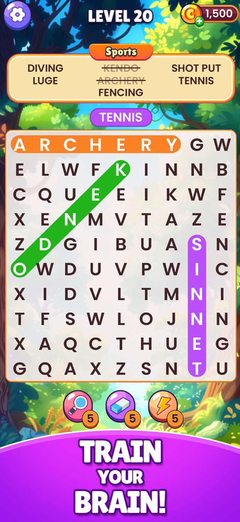 WordSearch Find Infinite Words - A sports themed word search puzzle game interface with a nature background and a text that says train your brain