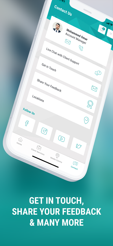 RAKEZ - RAKEZモバイルアプリの「お問い合わせ」画面。クライアントサポートとフィードバックのオプションが表示されています。