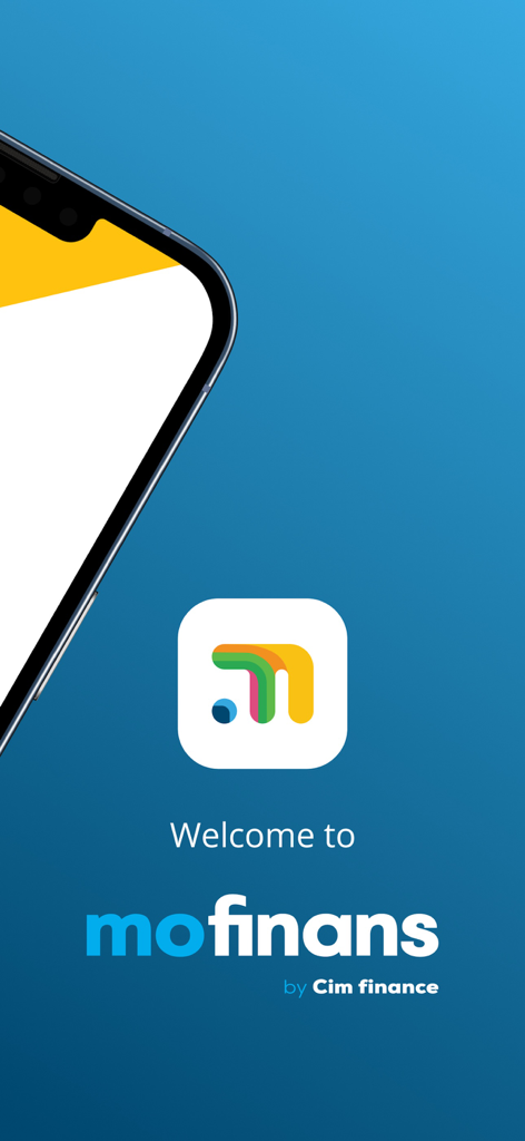 Welcome screen of the Mo Finans mobile app by Cim Finance featuring the logo on a blue background