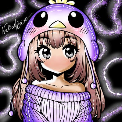 anime girl with chick shaped hat with sweater with bare shoulders with bangs covering them one eye with low tail