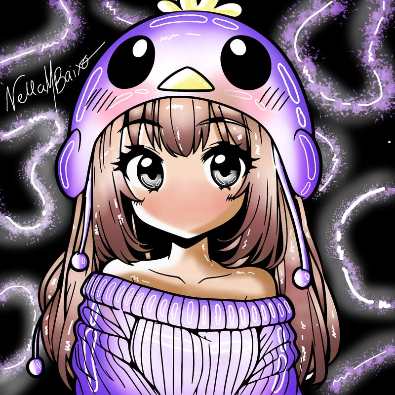 anime girl with chick shaped hat with sweater with bare shoulders with bangs covering them one eye with low tail