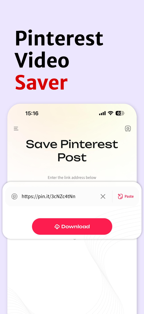 PinSaver 앱 인터페이스에 Pinterest 링크를 붙여넣고 동영상을 다운로드하는 화면이 표시됨