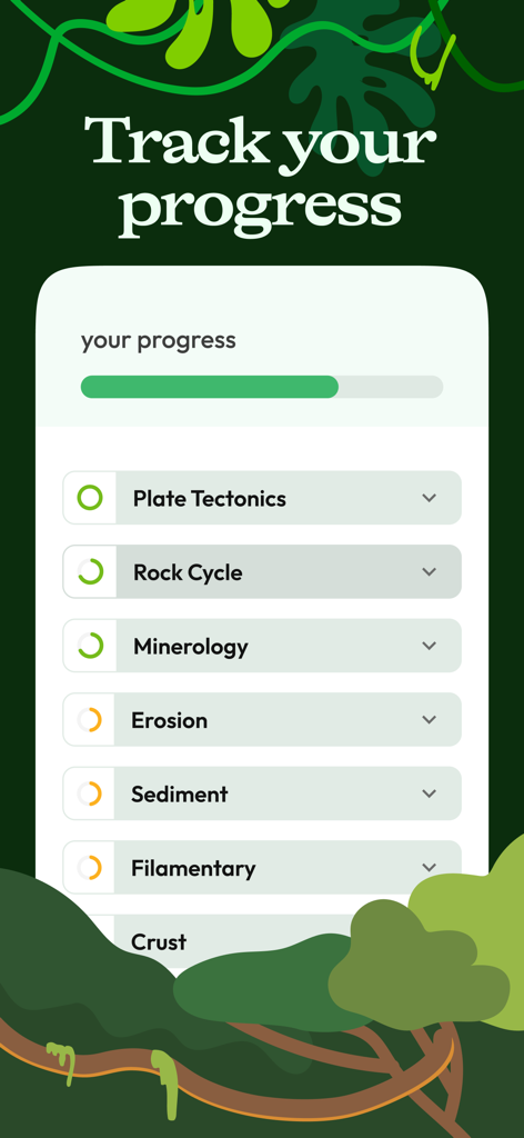 Jungle: AI Flashcards & Quiz - A mobile app screen titled Track your progress showing a list of science study topics like Plate Tectonics and Rock Cycle with progress bars.