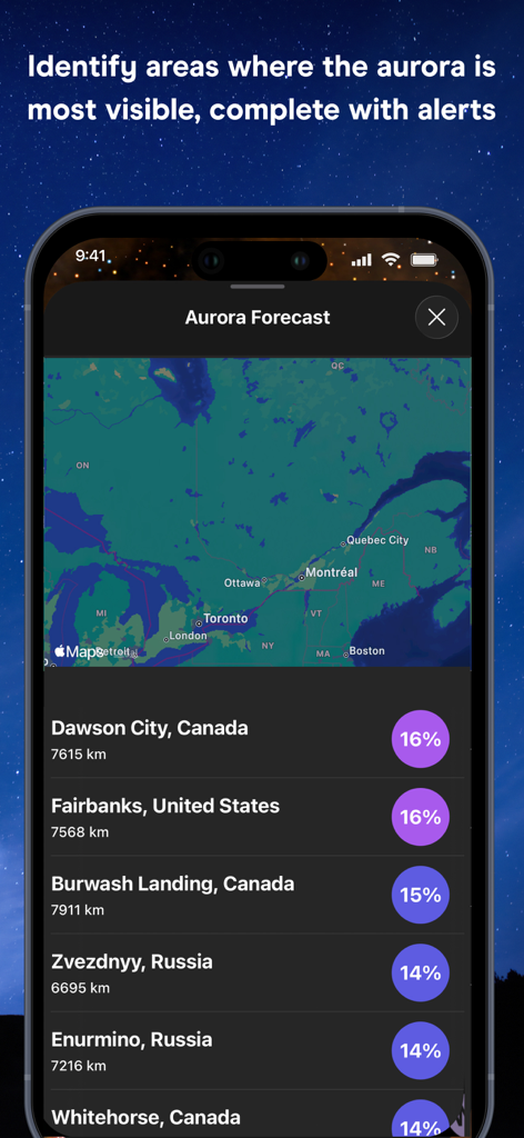 Aurora Forecast feature in the Night Sky app showing a visibility map and city percentages