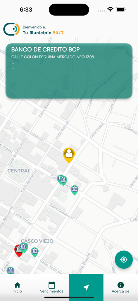 Tu Municipio 24/7 - Vista de mapa en la aplicación Tu Municipio 24/7 que muestra ubicaciones bancarias cercanas para el pago de impuestos en Bolivia