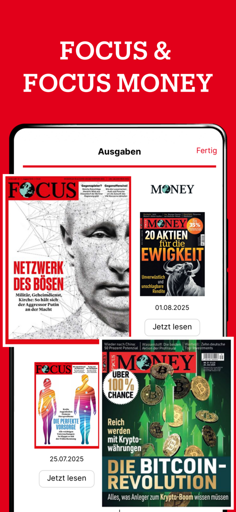 Biblioteca de revistas digitales que muestra portadas de FOCUS y FOCUS MONEY en la aplicación de noticias FOCUS plus