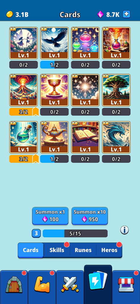 Pocket Guardian : mini TD war - Card collection menu in Pocket Guardian mini TD war showing upgradeable items and summoning options