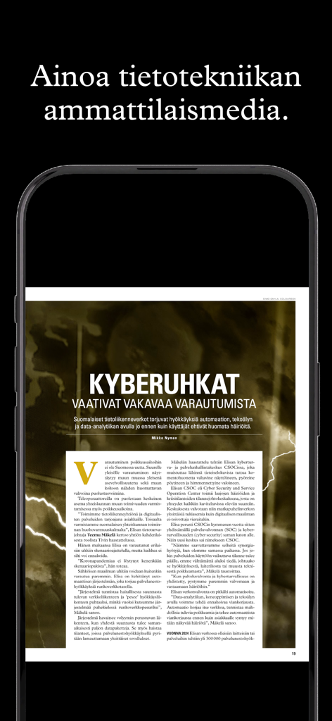 Tivi - Interfaz de la aplicación Tivi mostrando un artículo finlandés sobre amenazas cibernéticas