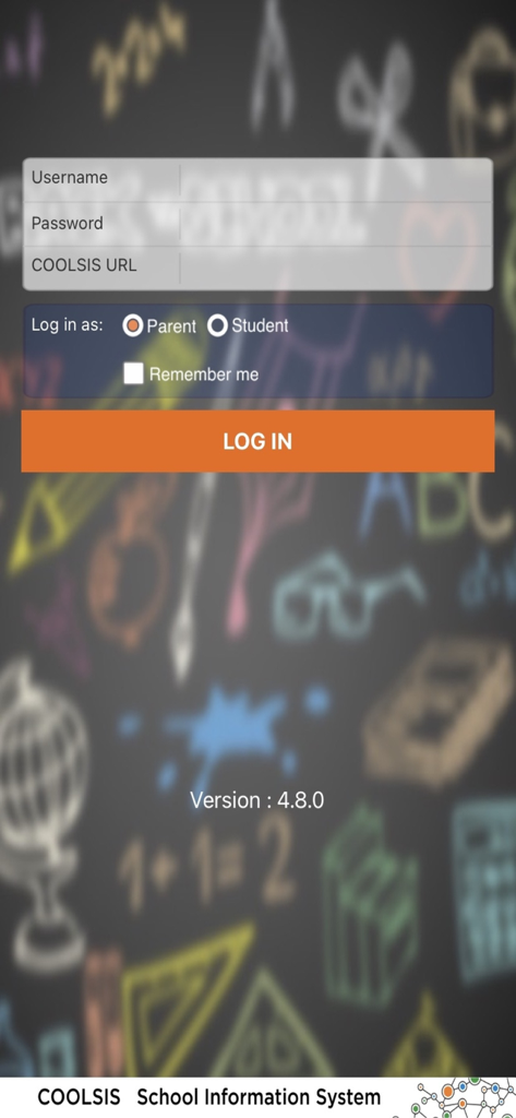 COOLSIS Family Access - Login screen for the COOLSIS Family Access app with fields for username password and role selection