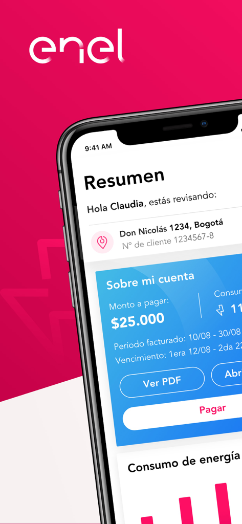 Enel Clientes Colombia - Panel de la aplicación móvil Enel Clientes Colombia que muestra el saldo de la cuenta y las opciones de pago de facturas