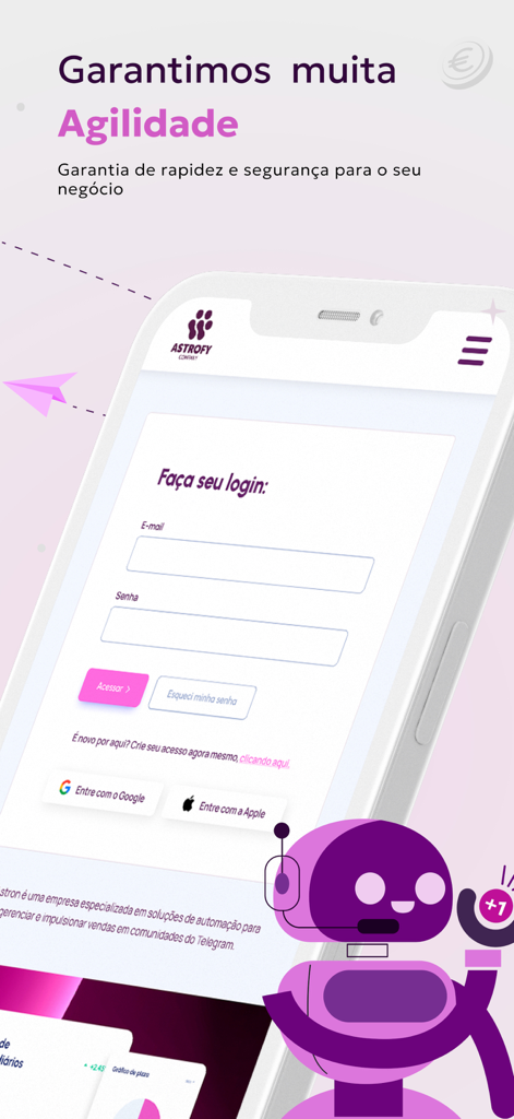 Astrofy - Tela de login do aplicativo móvel Astrofy para gerenciamento de comunidade Telegram, apresentando um mascote robô roxo